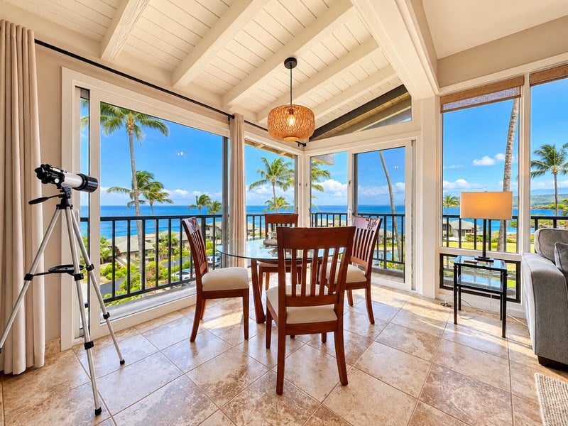 Corner windows surround the dining table, giving you views of the ocean, palm trees, and landscaped grounds with every meal. KBV-15B3