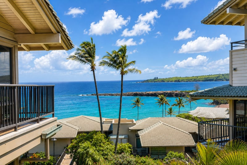 Ocean views stretch from your lanai across the Kapalua coastline, with palm trees framing the water and a rocky point beyond.