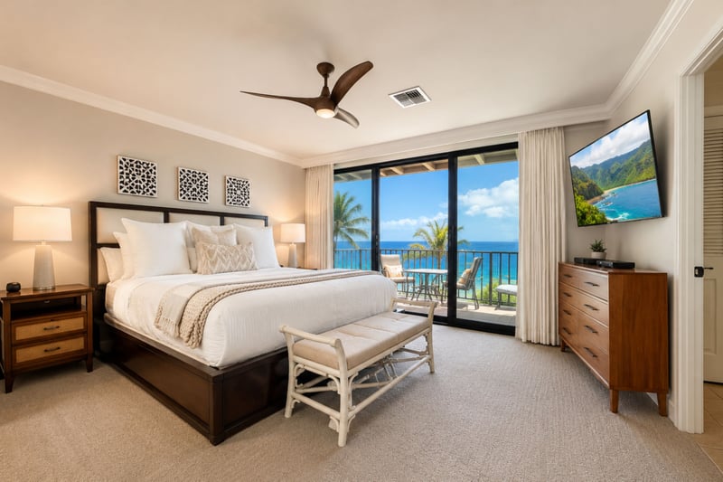 Your second bedroom's king bed faces a private lanai with direct ocean views, plus a wall-mounted TV for evening downtime.