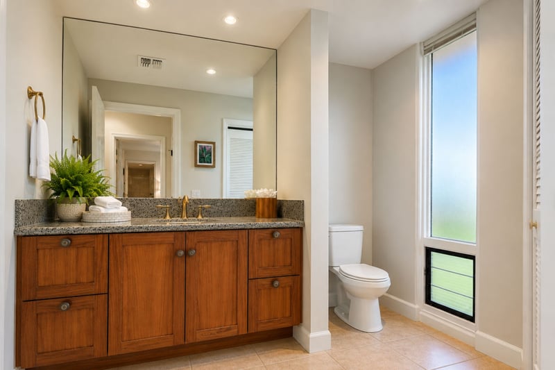 Your half bath sits off the living area with a vanity and mirror, keeping guest traffic separate from the two bedrooms.
