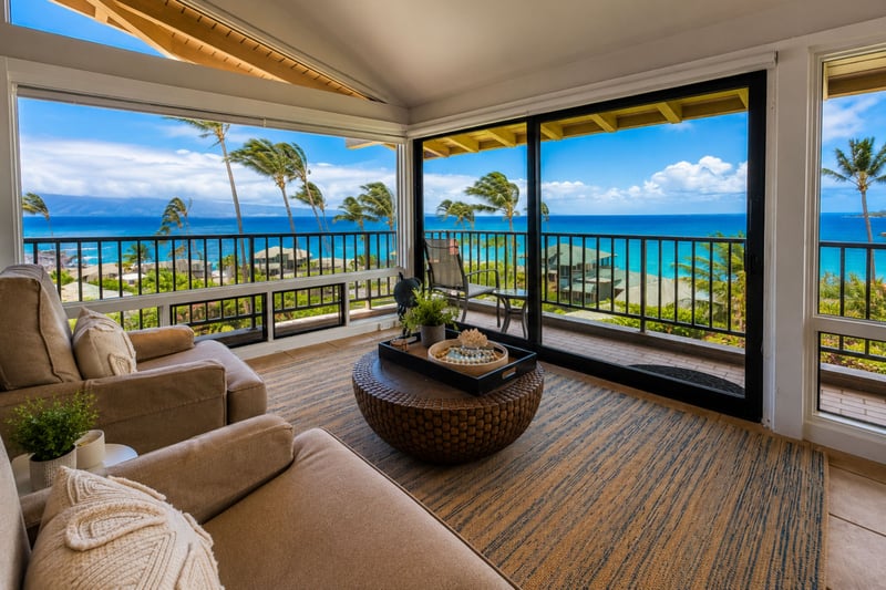 A second lanai seating area offers a lounge chair and coffee table, with more of the Kapalua coastline visible past the railing.