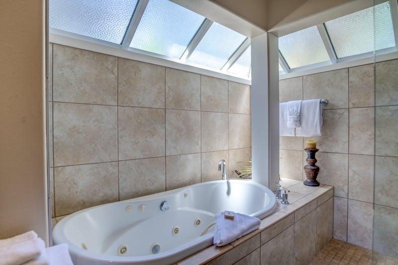 A spa-like retreat awaits with a large glass shower, granite vanity, and peaceful garden views through frosted windows     KBV-16G4