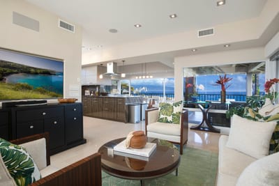 Palm prints, ocean hints, and a swirl of style—living room goals, tropical edition KBV-24B2