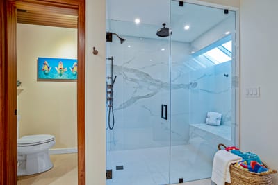 Modern glass shower with skylight and vibrant tropical bathroom artwork.