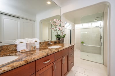 This serene master bathroom combines high-end finishes, thoughtful design, and tropical views for ultimate relaxation KBV-28G2