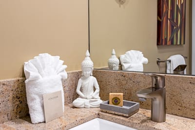 Enjoy the simple beauty of a modern bath retreat with thoughtful touches