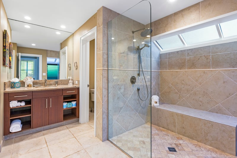 Unwind in this polished bathroom with walk-in glass shower and calming neutral tones KBV-30G2