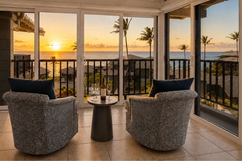 Settle into Kapalua Bay Villas 32B3 and enjoy ocean views framed by tropical palms.