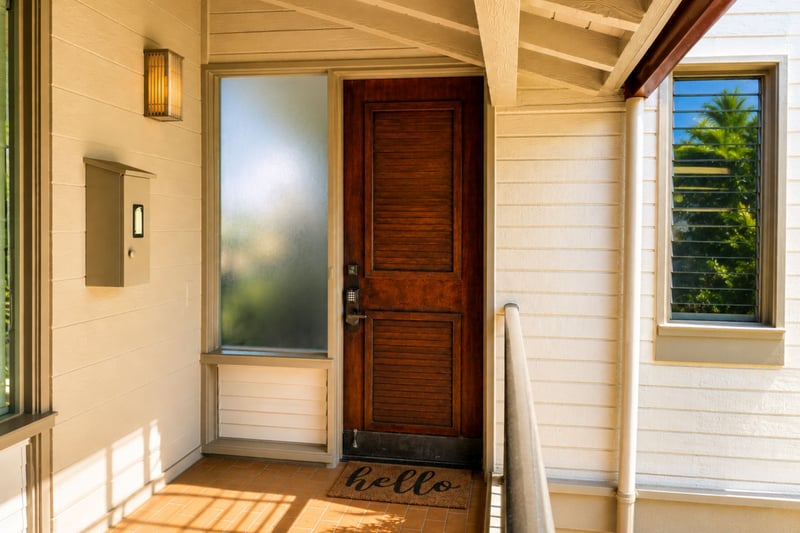 Arrive through your private entry surrounded by warm wood details and tropical greenery, setting an inviting island tone.