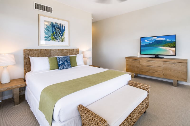 Your primary bedroom offers a comfortable retreat with a TV, king-sized bed, and soft natural light.
