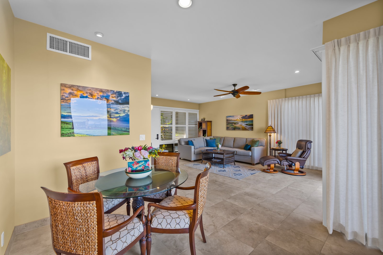 Gather for board games or dinner in the open dining space for four.