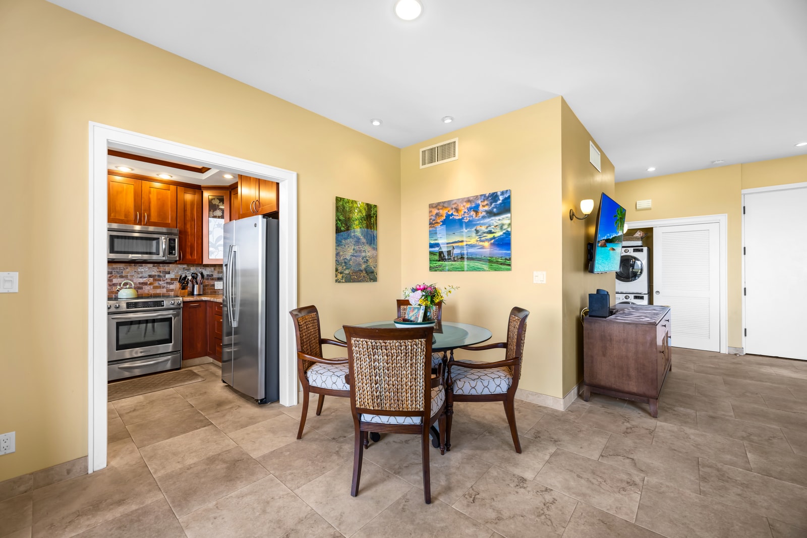 Convenient layout makes it easy to serve meals or cocktails from the kitchen to the table.