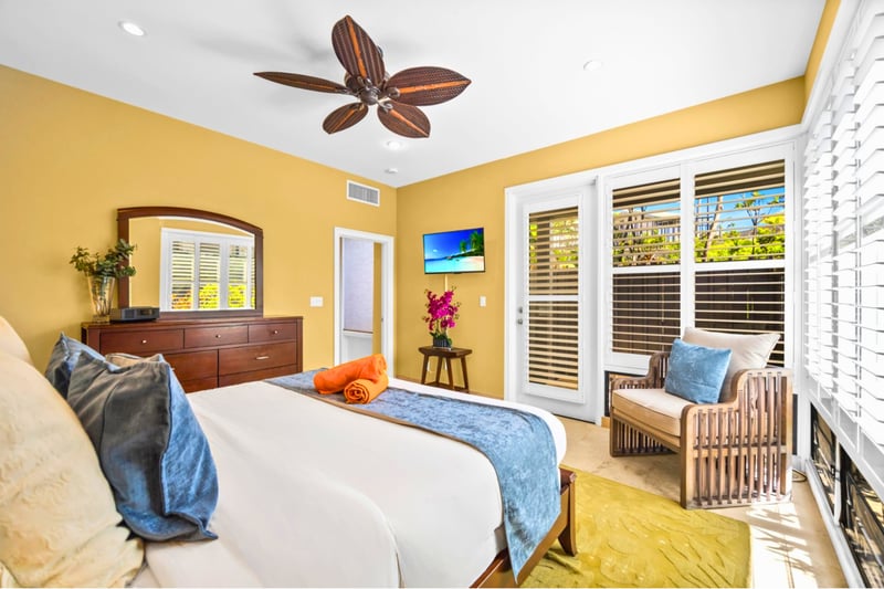 Your spacious King suite features plantation shutters and calming garden views.