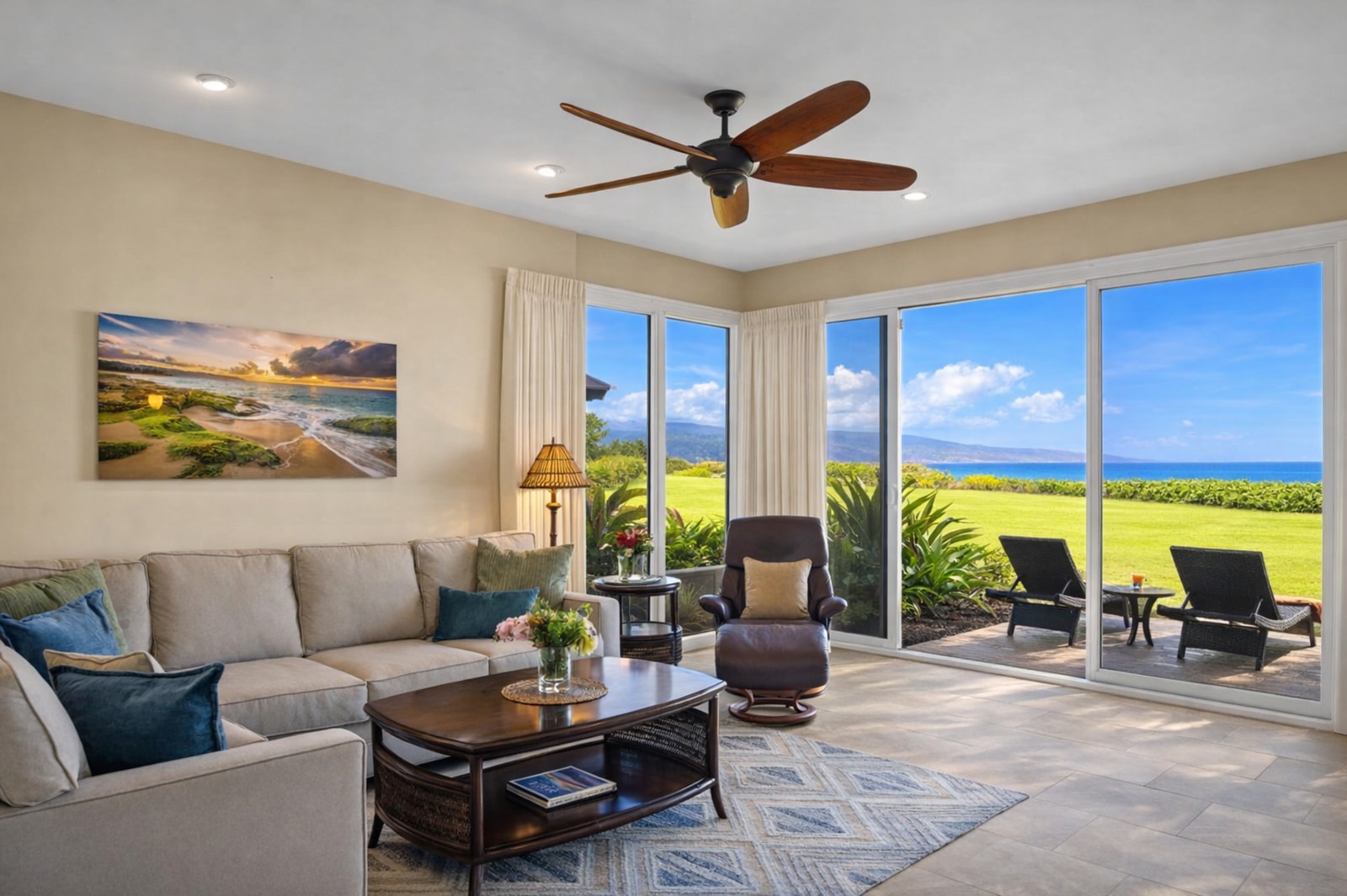 Kick back with garden and ocean views framed by oversized sliding glass doors.