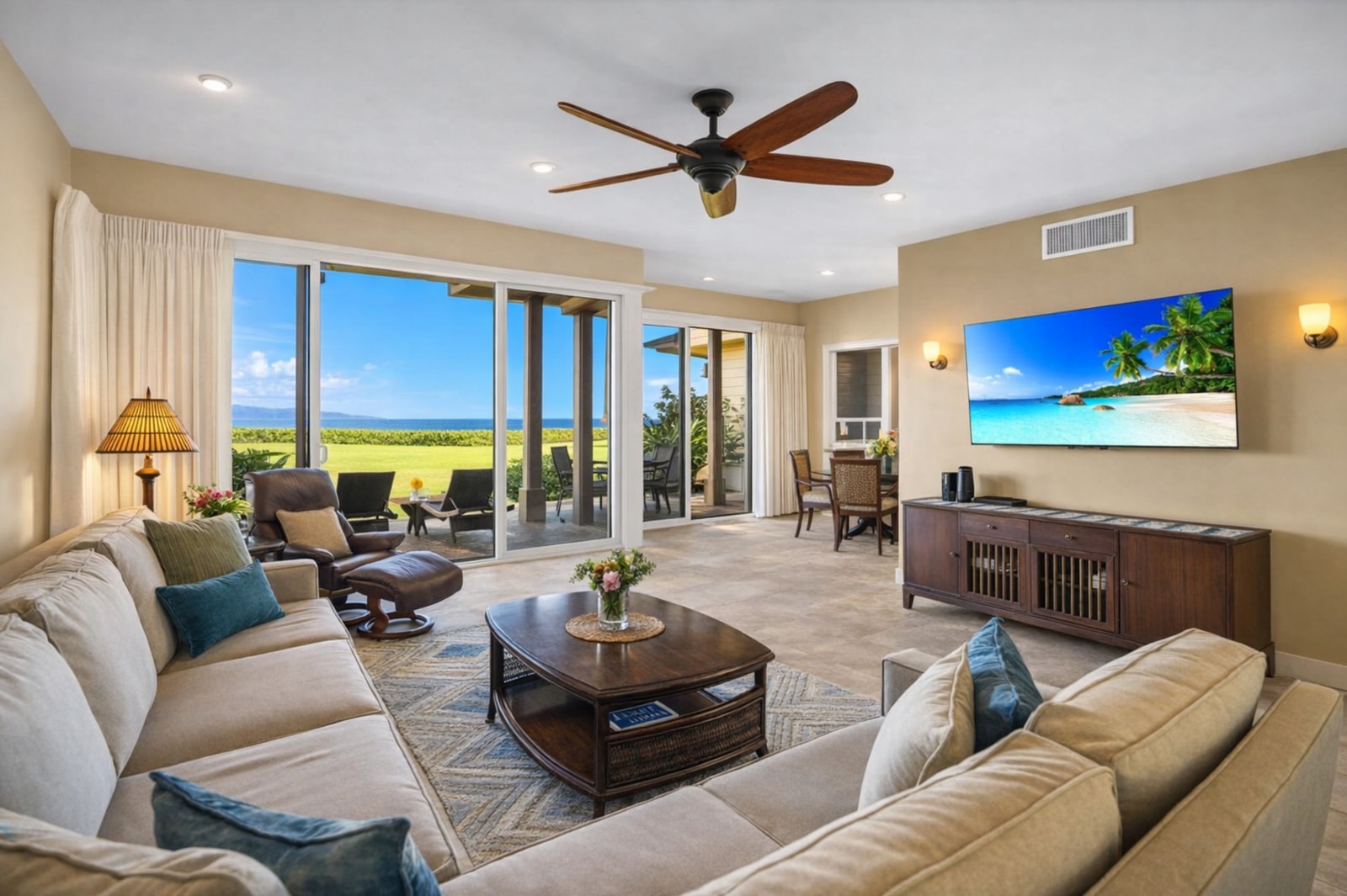 Open layout blends comfort and views, with a large sectional and Smart TV perfect for evenings in.