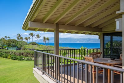 The vibrant tranquility of Maui greets you daily from this private lanai with ocean, sky, and island charm