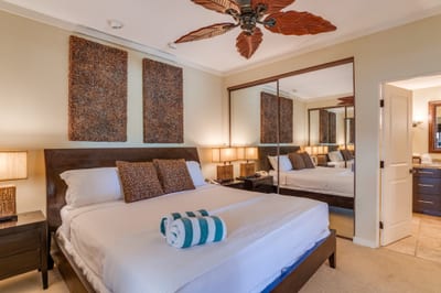 A calming blend of earth tones, cozy textures, and thoughtful touches make this master bedroom feel instantly like home KGV-14P3