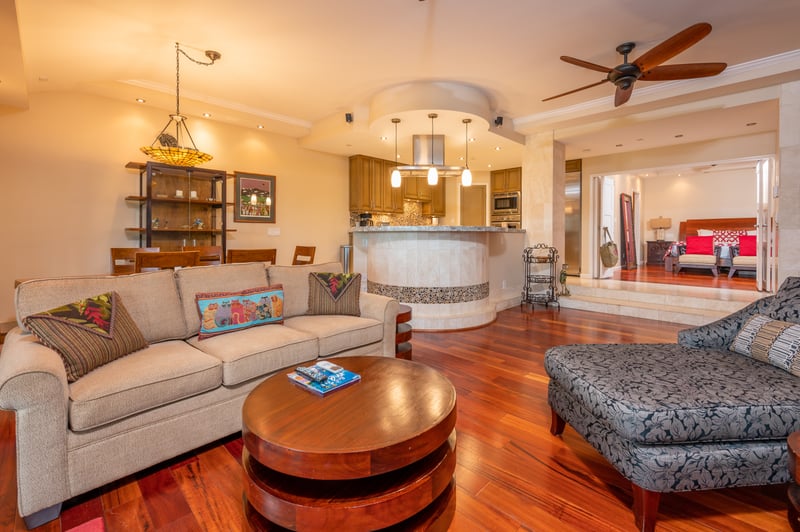 Tropical elegance meets rustic warmth in a living room designed for barefoot comfort KGV-14P6
