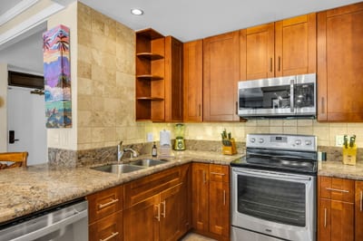 Shiny appliances and generous prep space make vacation cooking simple and social