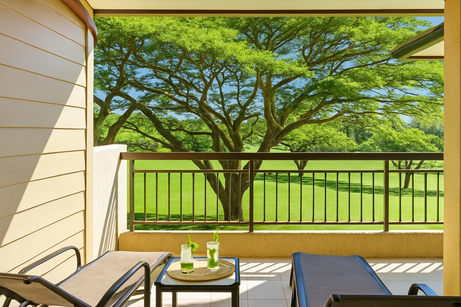 Morning coffee and breezy chats live here on the shaded lanai, your daily planning station for fun