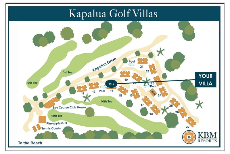 Resort map at Kapalua Golf Villas — Villa 14T6 sits near the villa pool and Bay Course Club House KGV-14T6