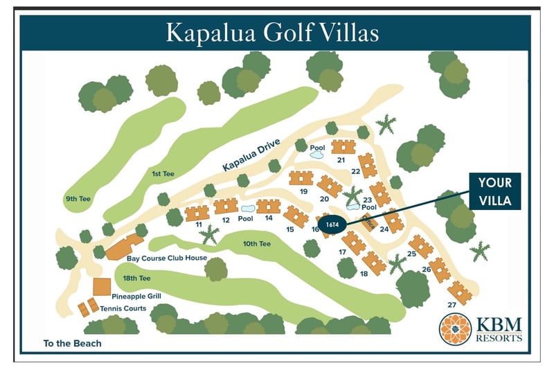 Resort map at Kapalua Golf Villas — Villa 16T4 sits near buildings 15-16 and the villa pool