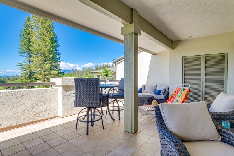 Whether it's coffee at dawn or cocktails at dusk, this lanai sets the scene for memories made in timeless Maui style