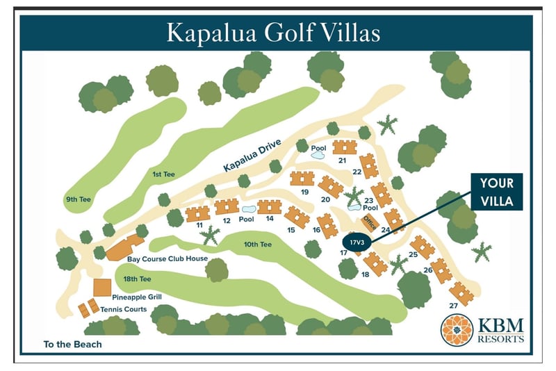 Resort map at Kapalua Golf Villas — Villa 17V3 sits near buildings 15-17, close to the golf course KGV-17V3