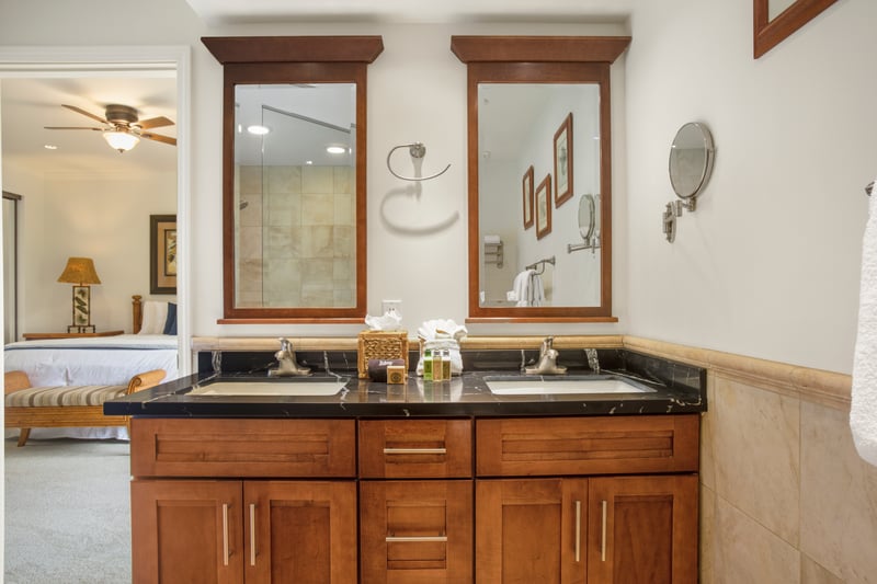Start your day reflecting in twin mirrors framed in rich wood while the neutral tile shower calms your senses KGV-17V3