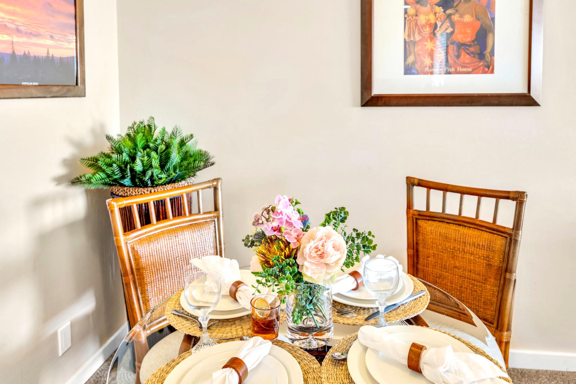 Charming dining nook offers a warm spot for shared meals and vacation planning.