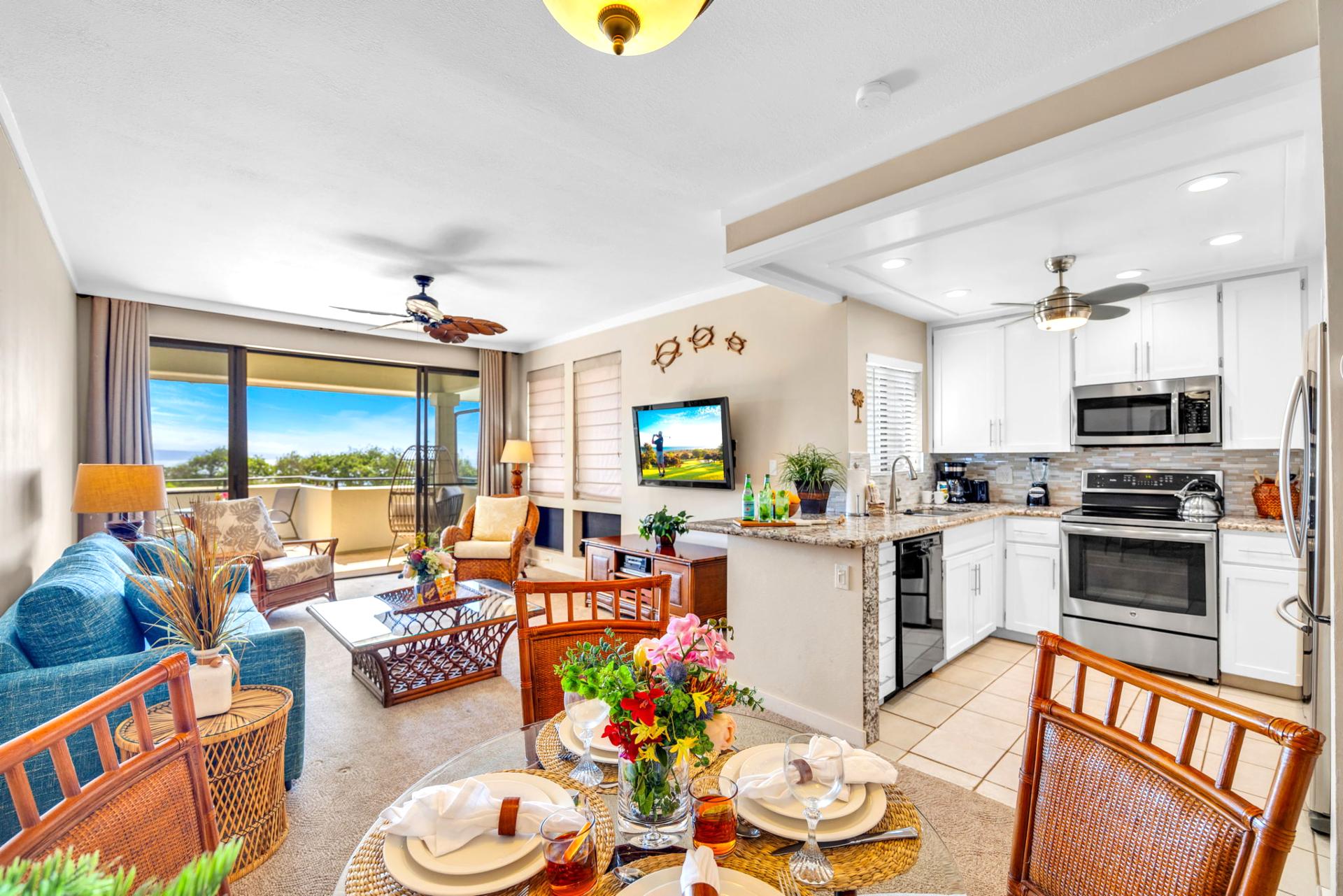 Dining table with island-style décor and seating for four brings everyone together between adventures.