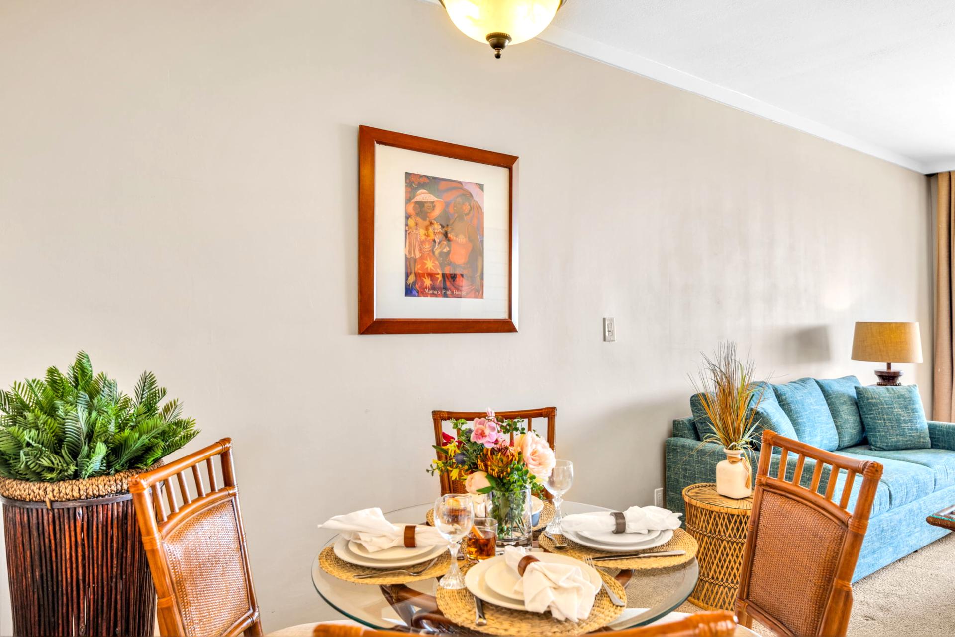 Comfortable dining for four with resort-style decor and a breezy connection to the living area.