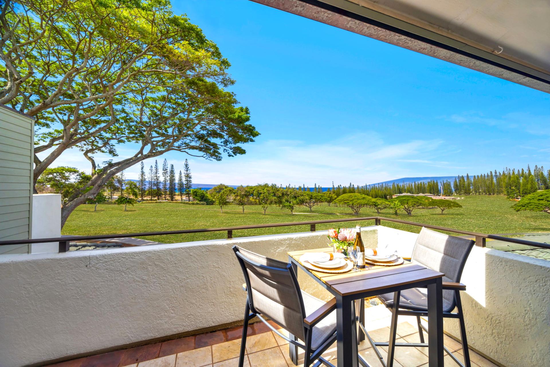 Shaded table for two on the balcony makes an ideal spot for sunset dinners and al fresco bites.