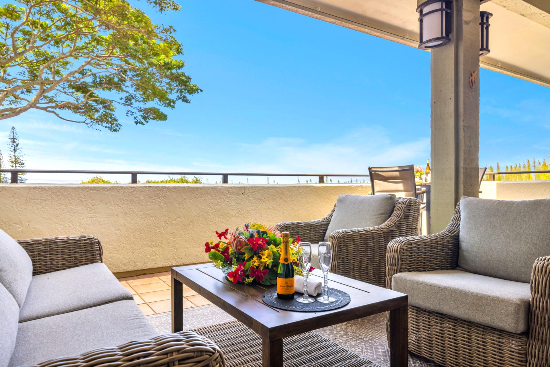 Comfortable outdoor seating invites you to linger over breakfast or an afternoon read with garden views.