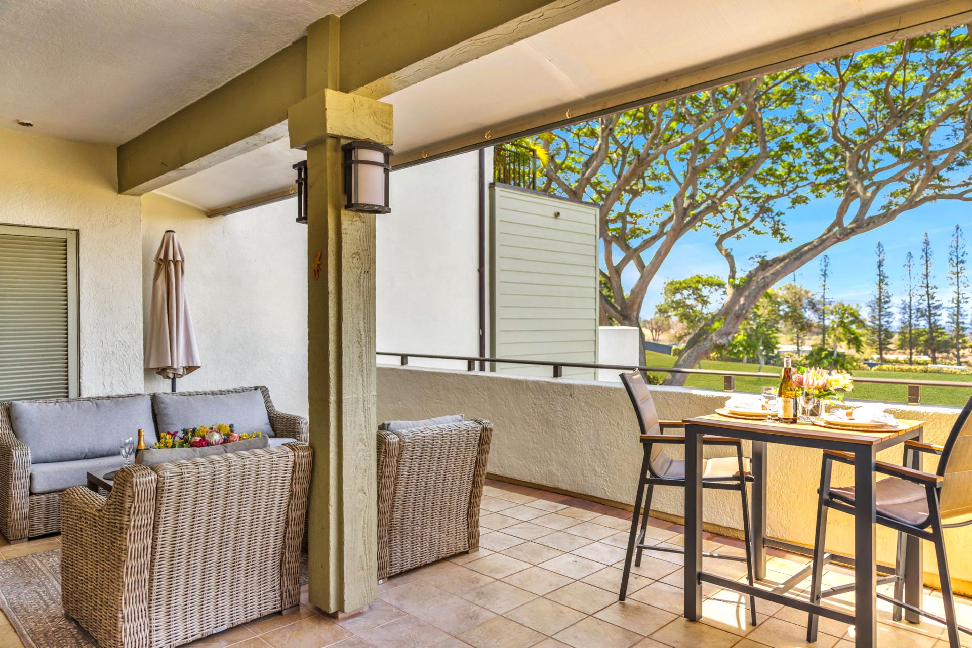 Enjoy the breeze and privacy from this spacious, covered balcony overlooking the lush Kapalua landscape.