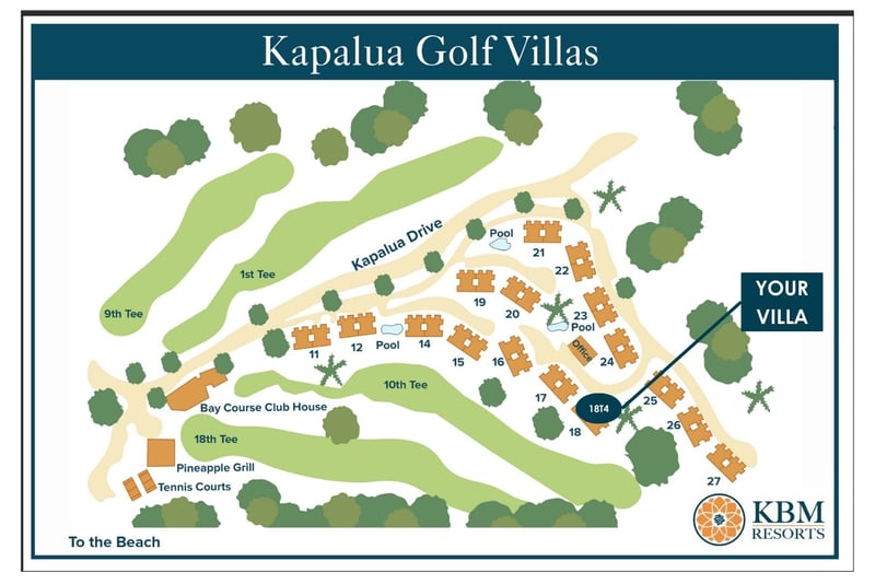 Resort map at Kapalua Golf Villas — Villa 18T4 sits near buildings 15-17, close to the golf course KGV-18T4