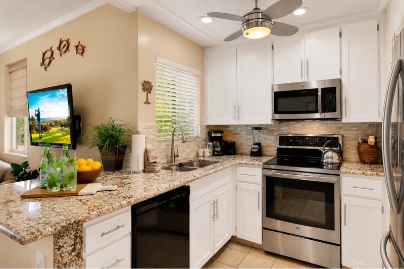 The fully equipped kitchen features stainless steel appliances, ample counter space, and everything you need for home-cooked meals. KGV-18T4