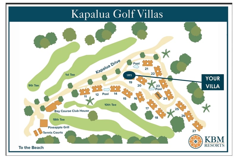 Resort map at Kapalua Golf Villas — Villa 19T1 sits among buildings 19-22 near the Kapalua Bay Course KGV-19T1