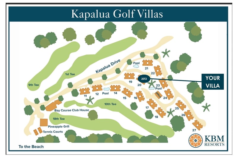 Resort map at Kapalua Golf Villas — Villa 20T2 sits near buildings 19-24 and Pool 23 KGV-20T2