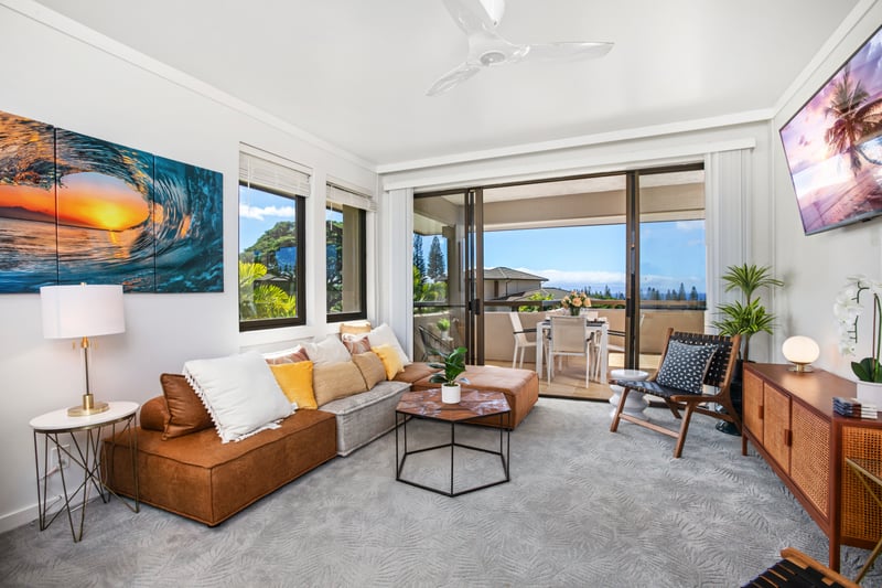 Where coastal elegance meets comfort, kick back on the caramel suede sofa and soak in those endless sky-blue views    KGV-20T2