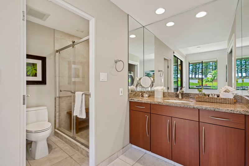 Spacious shower and bathroom with upscale fixtures and finishes.