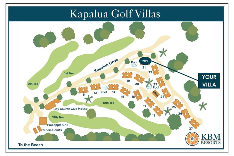 Resort map at Kapalua Golf Villas — Villa 21P2 sits near buildings 19-24 and Pool 23 KGV-21P2