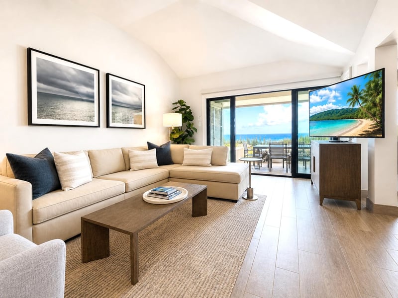The updated living room is the perfect place to unwind after a day spent on the beach