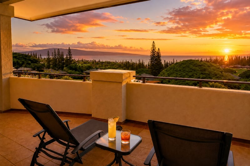 Two lounge chairs and a private table make this lanai the spot for a Kapalua sunset, with ocean and mountain views stretching to the horizon.