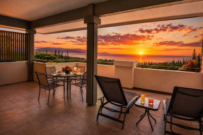 A full outdoor living room in the sky, dining for four and lounge seating for two, framed by golf-course green and the Pacific beyond.