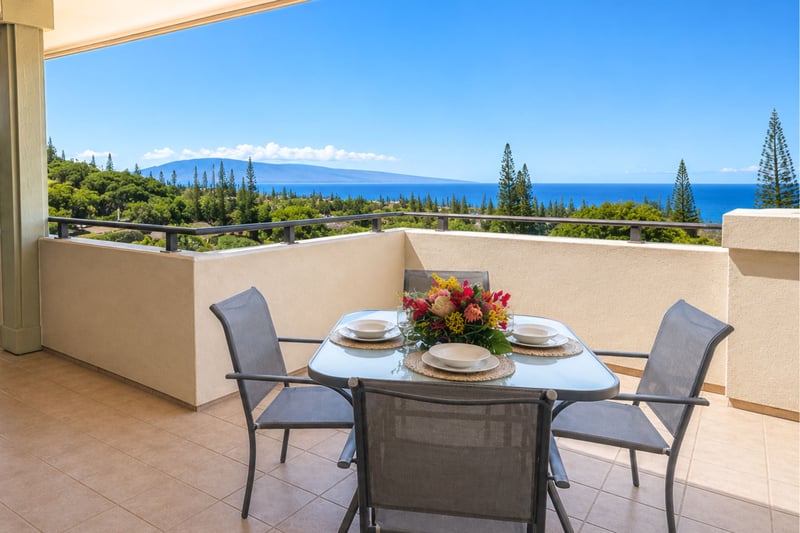 Al fresco dining with an ocean view. The lanai's table for four is ready for a sunset dinner under West Maui skies.