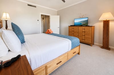Plenty of storage in the primary bedroom's dresser and nightstands, with a second flat-screen TV for evenings in.