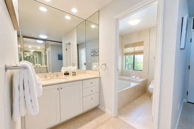 The primary bath's dual-sink vanity opens to a separate soaking tub and glass shower, stocked with fresh towels and toiletries for every stay.