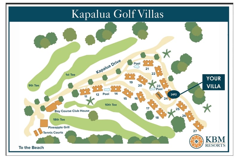 Resort map at Kapalua Golf Villas — Villa 24P2 sits near buildings 22-24 and Pool 23