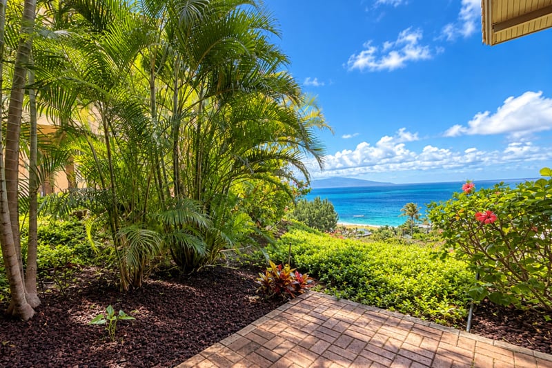 Ground level ocean view where lush tropical landscaping opens onto the turquoise waters of Napili Bay.